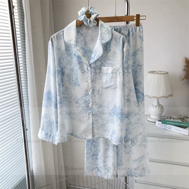 

Long Sleeve Pajamas Set Luxury Sleepwear Pyjama Mariage Femme Ice Silk Home Clothes New Year Loungewear Shirt Pants 2Pcs Outfit