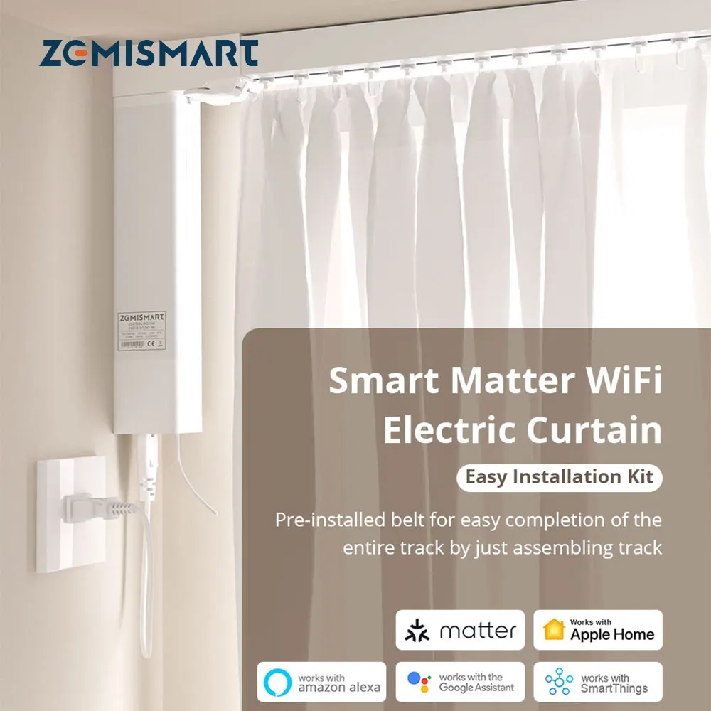 Zemismart Matter WiFi Electric Motor with Quick-install Curtain Track Support  HomeKit Alexa Google Home SmartThings Control