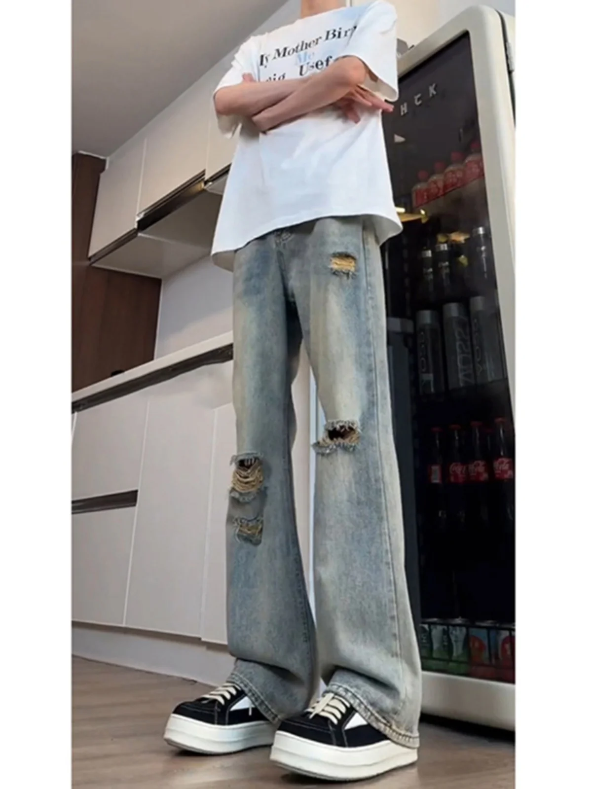 

2024 New Men's High Street Straight Leg Jeans Tear Hole American Style Summer Fashion Brand Cool And Attractive Streetwear