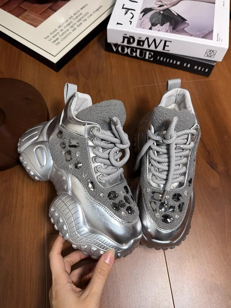 الشتاء النساء منصة سميكة الدافئة الصوف بطانة الرياضة في الهواء الطلق احذية الجري جديد المنخفضة قطع الدانتيل يصل الماس تقسم الركض أحذية رياضية #5