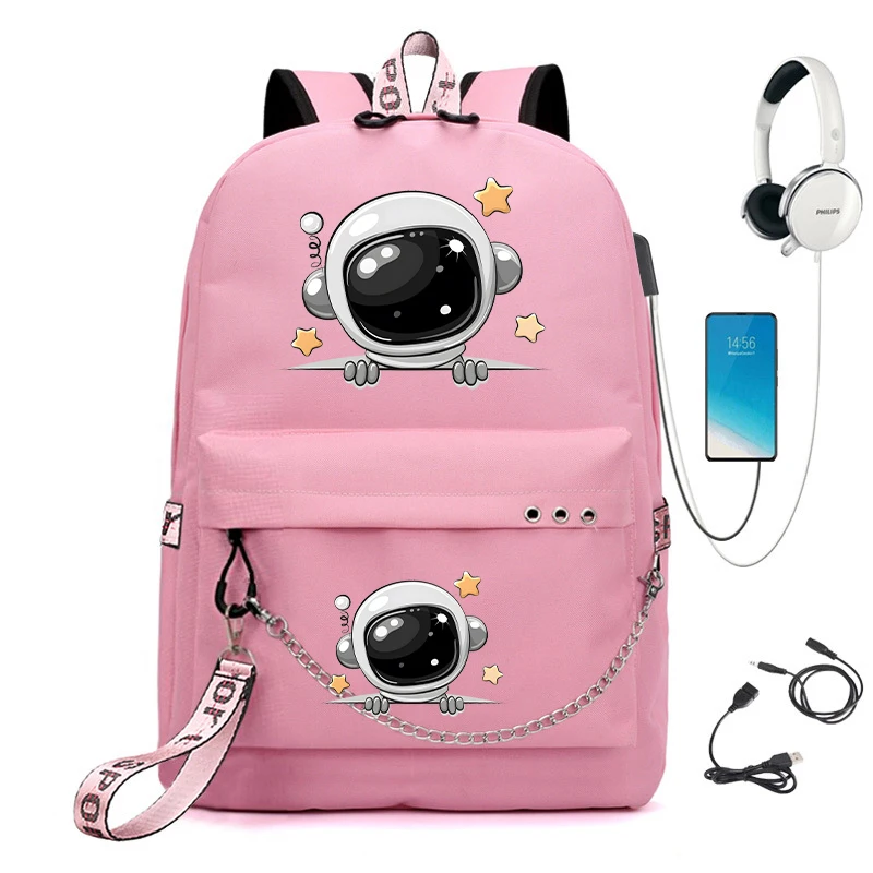 Sac à dos imprimé astronome de dessin animé mignon pour filles, sacs d'école pour étudiants, adolescentes, femmes, sac à dos pour ordinateur portable, chargement USB, sac à dos pour adolescents