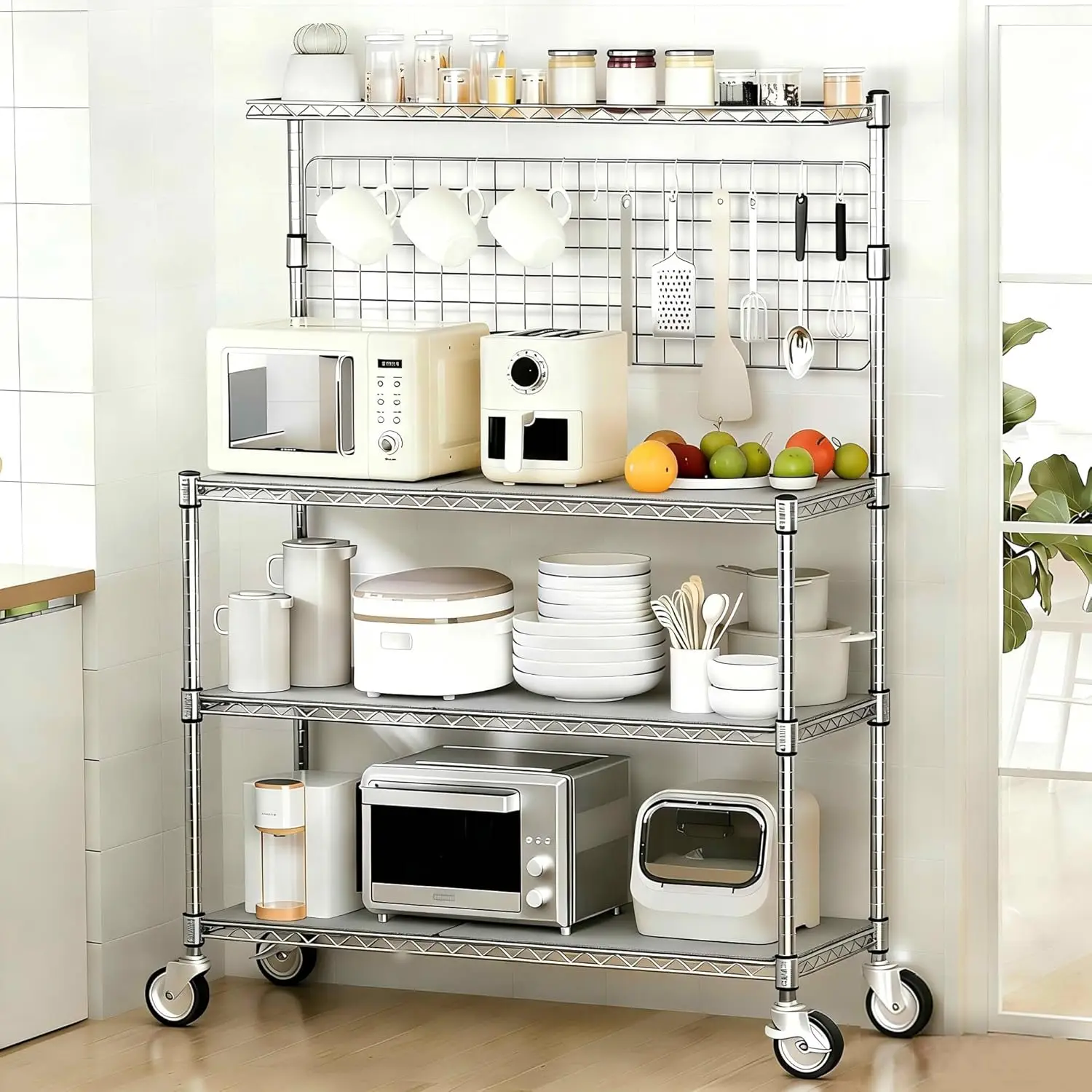

Подставка для микроволновой печи 42 дюйма с хранением и колесами, 4-уровневая усиленная кухонная тележка, хромированная металлическая универсальная полка для коммерческого использования