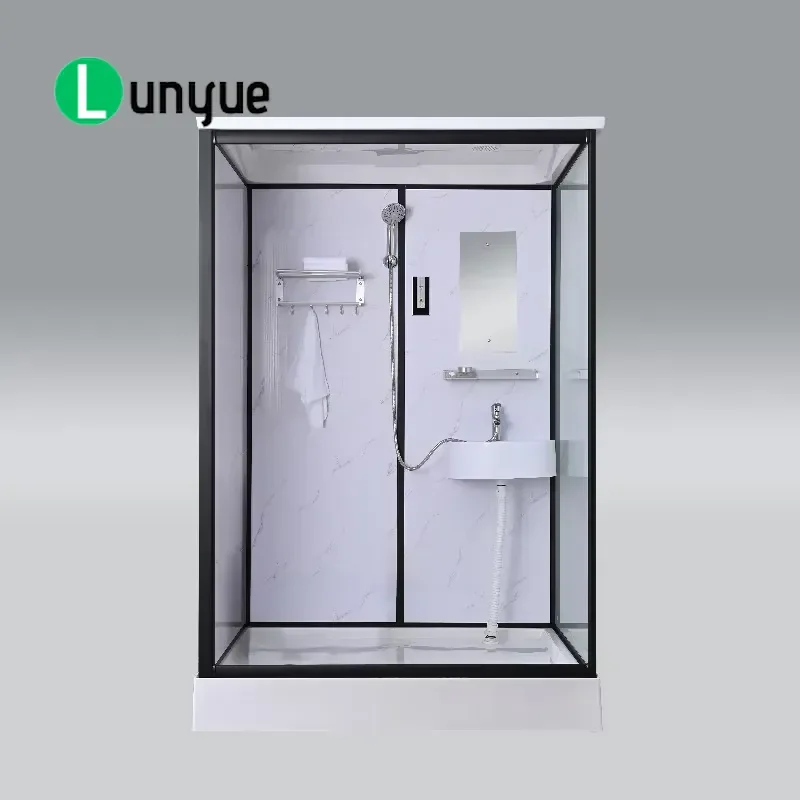 Integrated Square Brushed Aluminum Shower Enclosure with Sliding Glass Doors Custom for Hotel Apartment Bathroom Modern