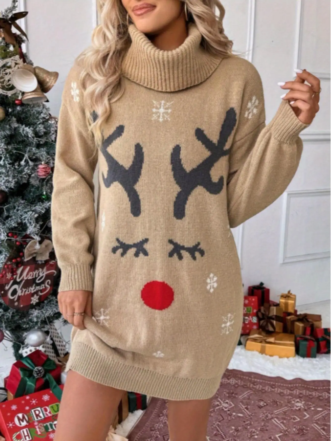 Weihnachtliches Strickkleid für Damen mit Rollkragen, Rentiermotiv, Schneefall-Print, überschnittenen Ärmeln, lockerem Schnitt, Winter-Feiertagsoutfit. – Detail 9