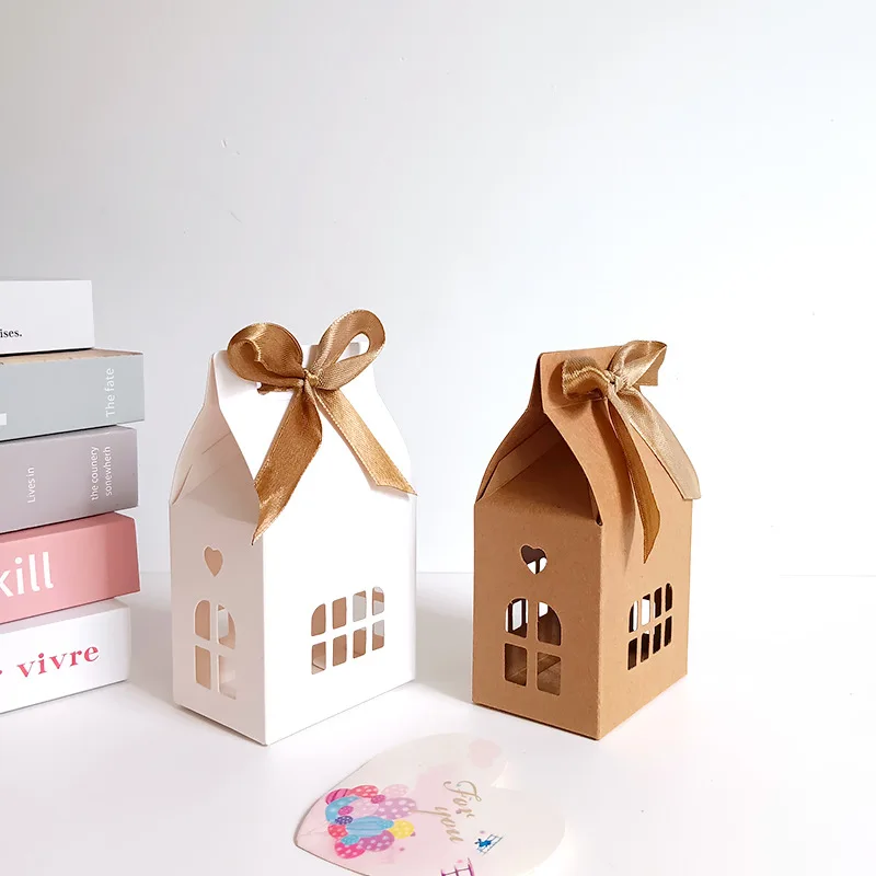 12 Stück hausförmige Geschenkboxen mit Band, 6,99 cm x 4,98 cm x 12,29 cm, weißes und braunes Design, Feiertagsparty-Dekorationen, Süßigkeitenverpackung – Detail 3