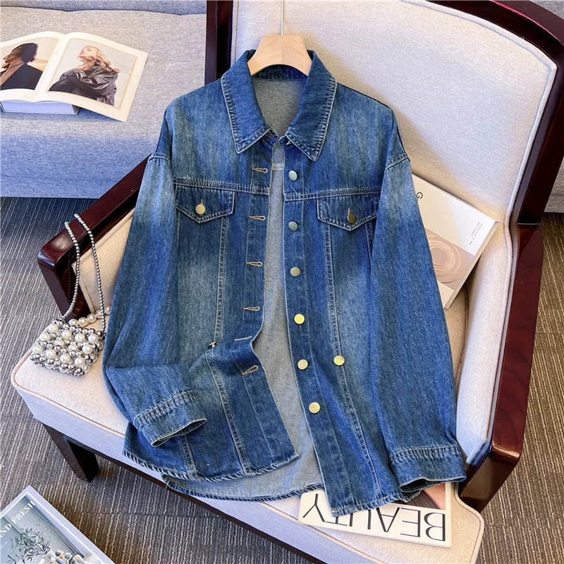 

Весенне-осенняя женская синяя джинсовая куртка-рубашка средней длины, корейская свободная повседневная однобортная ковбойская верхняя одежда с лацканами и длинными рукавами