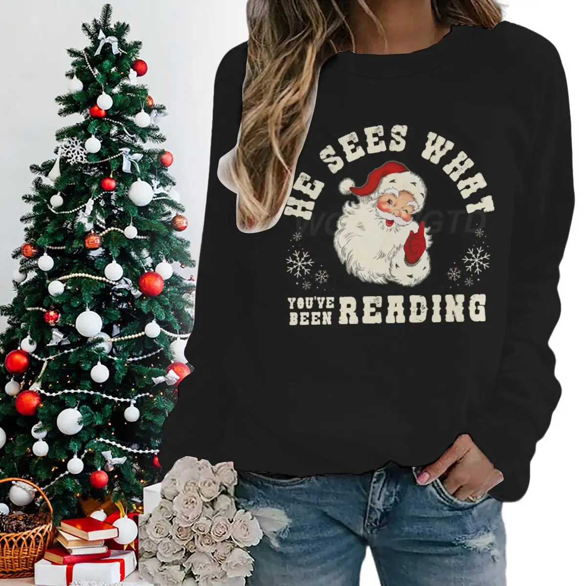 سويت شيرت سانتا كلوز لعيد الميلاد المجيد يرى ماذا كنت قراءة بلوزات جرافيك للنساء ملابس عطلة احتفالية #2