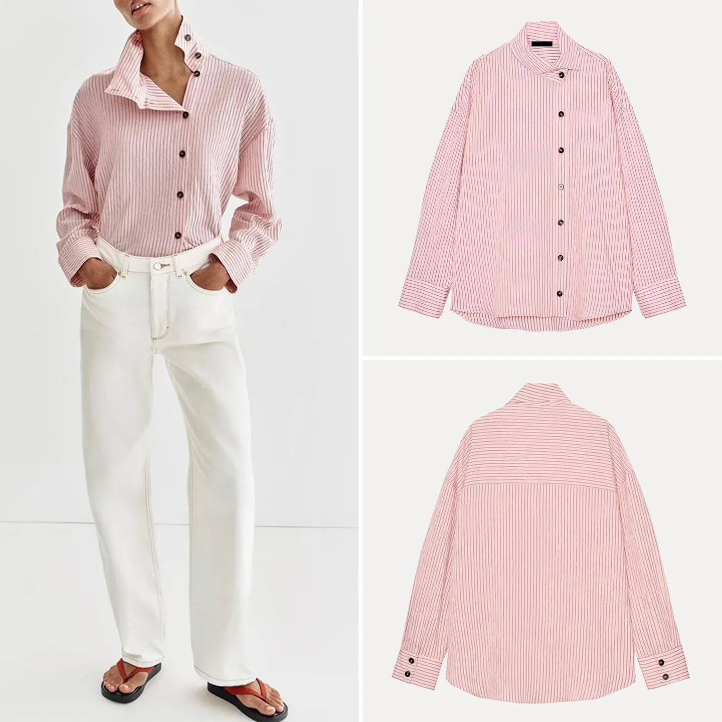 

Spring 2026 Women's Casual Striped Shirt Long Sleeve High Collar Commute Comfortable Loose Fit Button down Office Wear