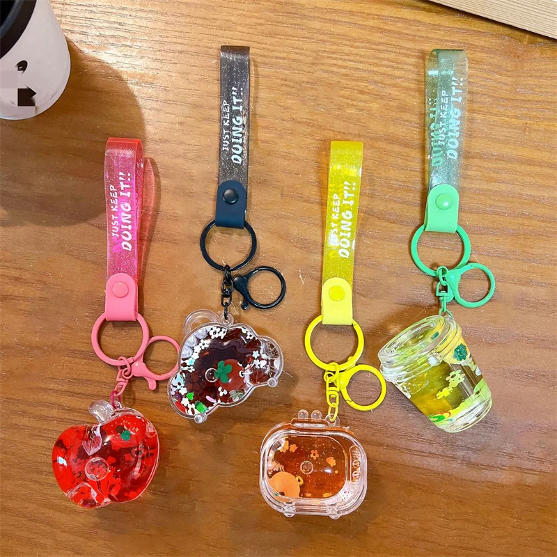 Cute Cartoon Oil Quicksand Fruit Keychain Pendant Floating Apple/Liquid Design Car Keyring for Children And Adults