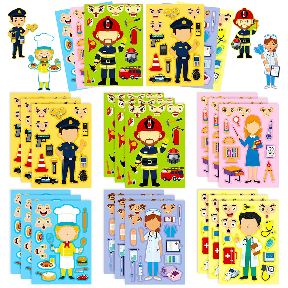 6/12 blätter Cartoon Polizei Feuerwehrmann Puzzle Aufkleber Machen ein Gesicht DIY Lustige Montieren Jigsaw Pädagogisches Spielzeug Aufkleber Dekoration