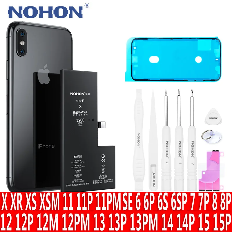 

Литий-полимерный аккумулятор NOHON для iphone SE 6 6S 7 8 Plus X Xr Xs Max 11 12 Pro 13 14 plus с инструментами для аккумулятора мобильного телефона