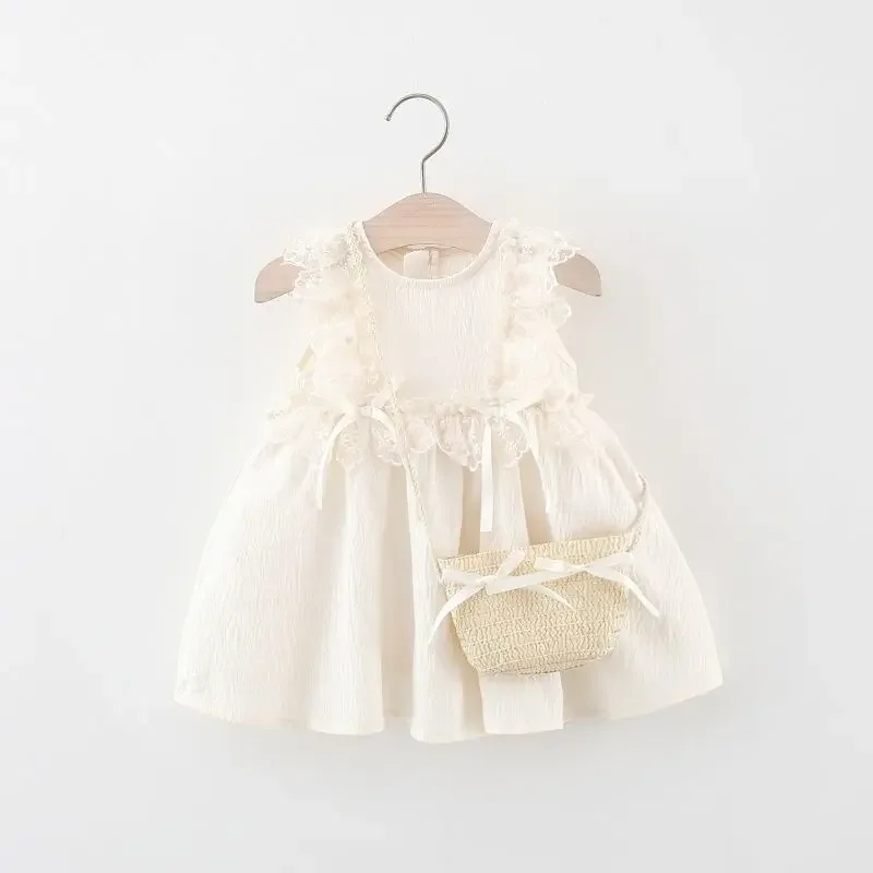 

Girls' Summer Dress 2025 Bow Lace Solid Color New Baby Vest Children's Princess Dress