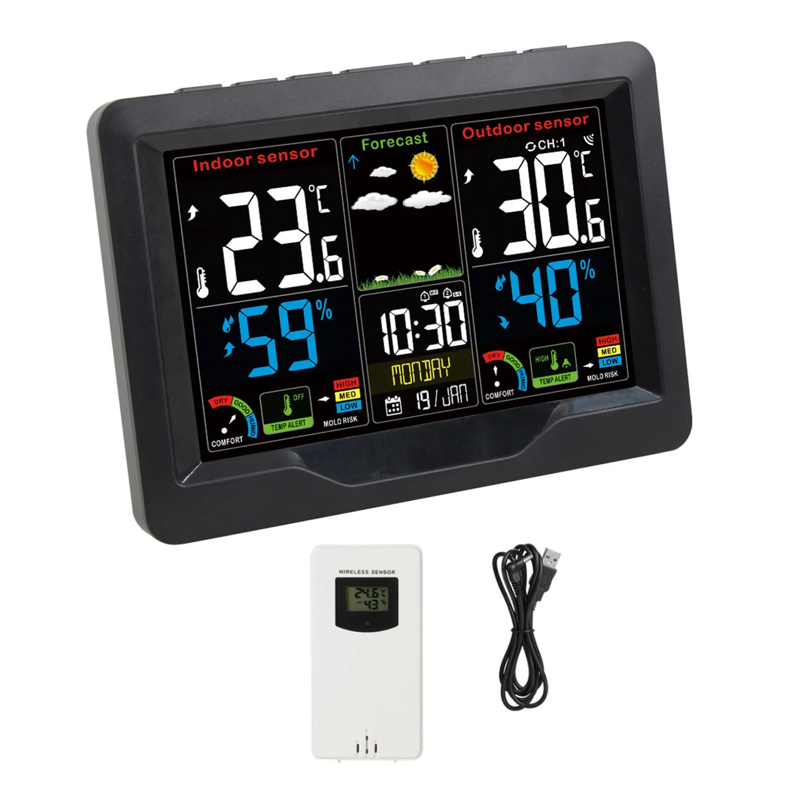 Wireless Digital LCD Display Weather Station Clock Calendar Thermometer Humidity Meter Trend Forecast Outdoor Sensor 7 Languages