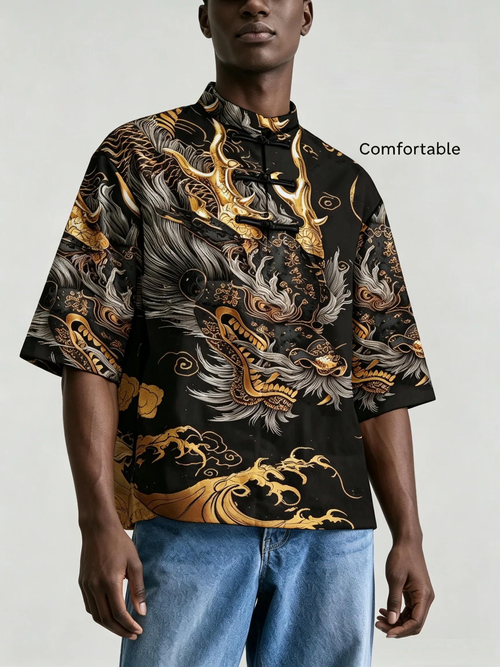 Men Men Chinese Style Frog Button Stand Collar Shirt, Loose Short Sleeve Dragon Wave Print Casual Blouse For Summer - Aliexpress Deal