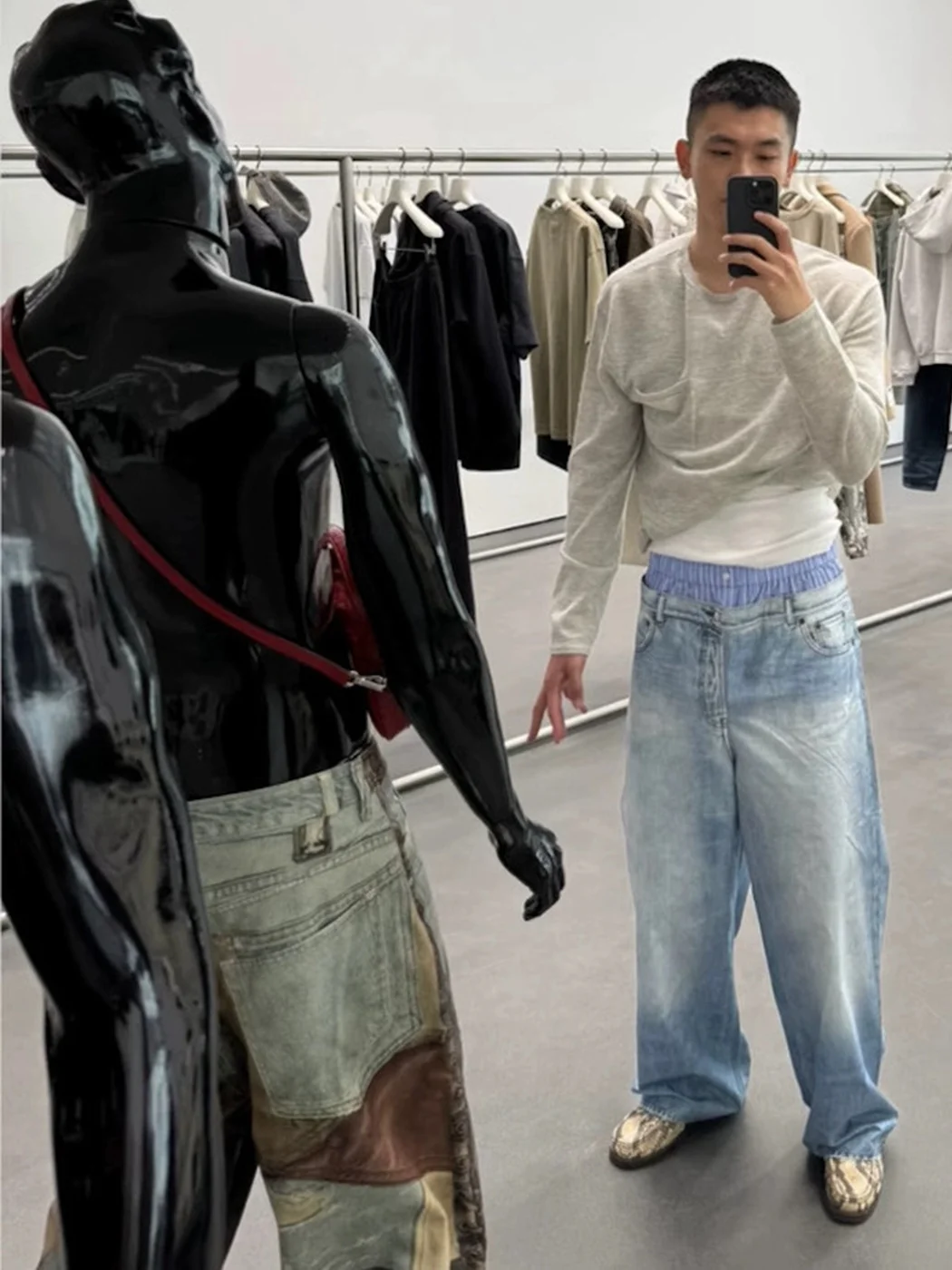 

Синие джинсовые брюки с высокой талией, пэчворк, 3D-принт, свободный крой, широкие штанины, прямой силуэт, длинные, в уличном стиле, с двойным поясом