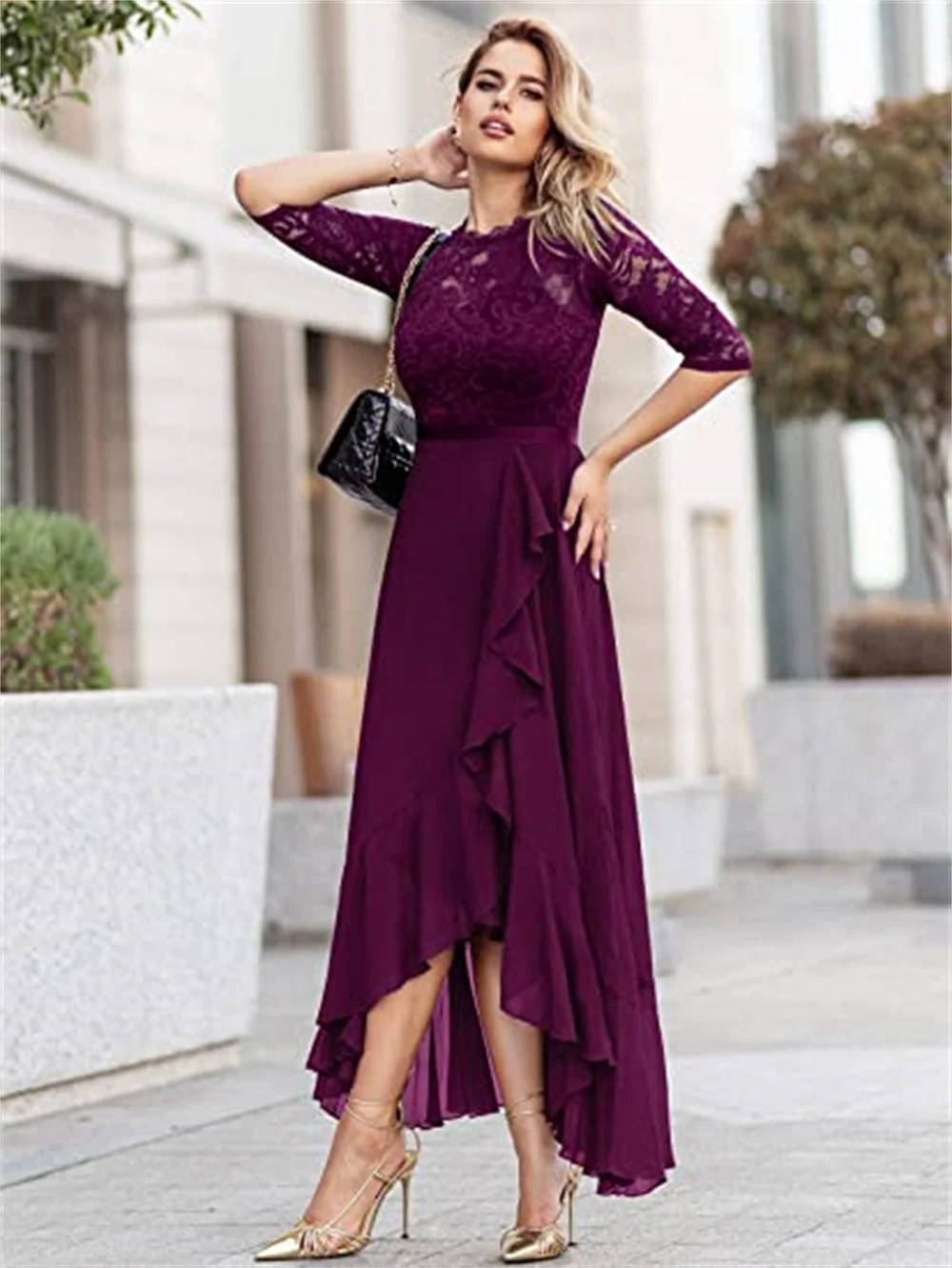 

Ladies Elegant Floral Lace Ruffle Cocktail Prom Dress Flowing Chiffon Three Quarter Sleeve Design Bridesmaid Maxi Dress