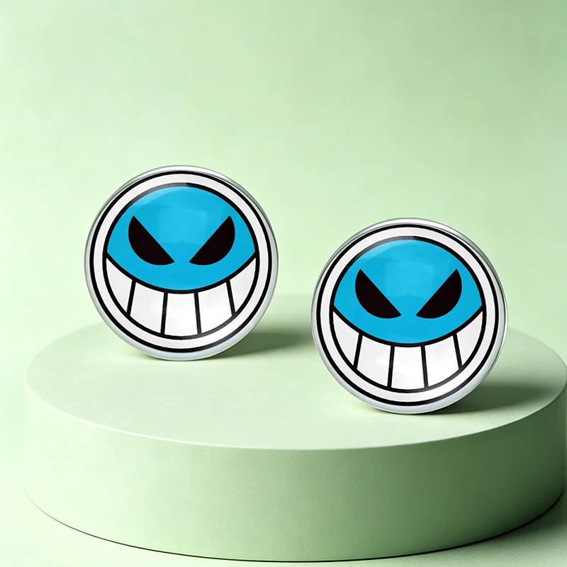 Evil Grin Smiley Face Round Glass Stud Earrings Cartoon Streetwear Jewelry For Teenagers Hip Hop Gift