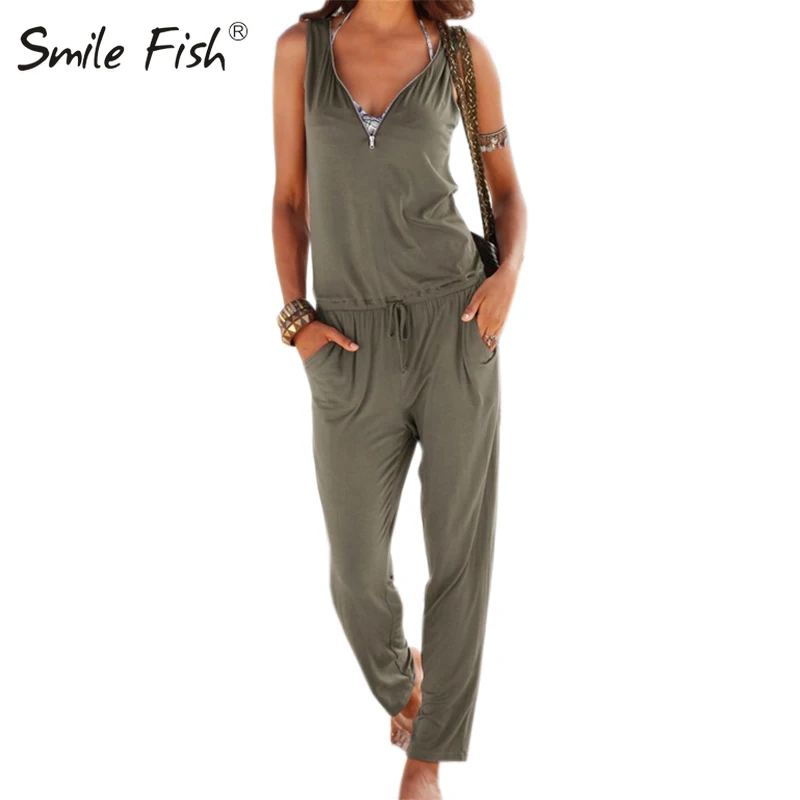 

Beach FashionSleeveless Womens Jumpsuits Casual V-neck Summer Loose Jumpers Romper Solid Zip Up Long Jumpsuits Overalls