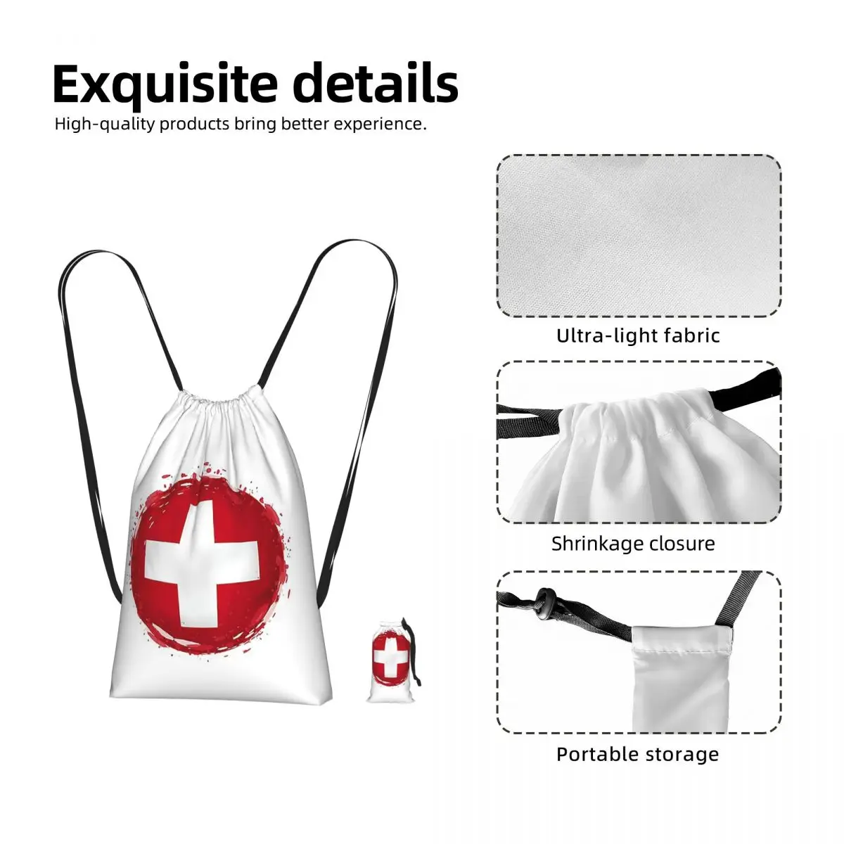 Swiss Switzerland Flag Drawstring Backpack hiking cycling Bag Lightweight Foldable Storage Drawstring Bag for Men Women