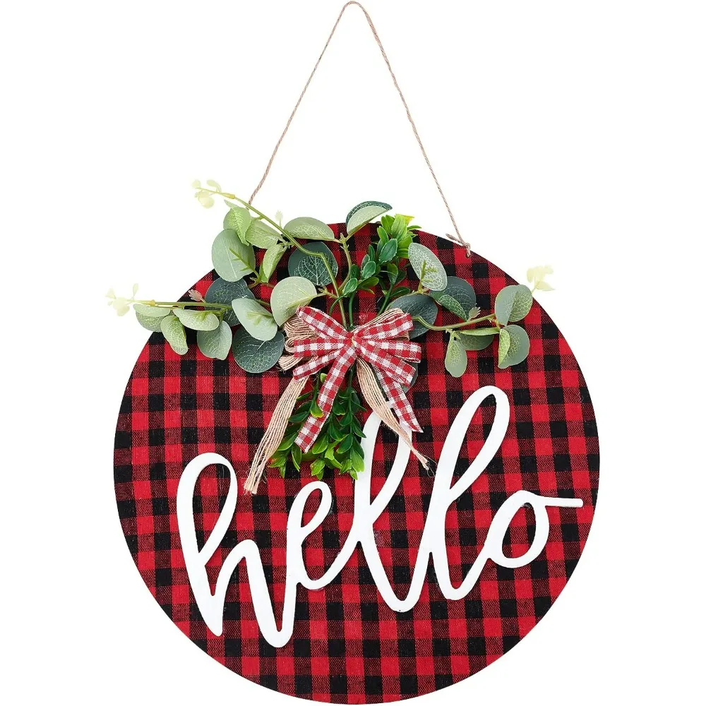 Hanging Hello Sign Front Door Black and Red Plaid Stripes Round Hello Welcome Sign with Wreath and Bow Hanging for Farmhouse