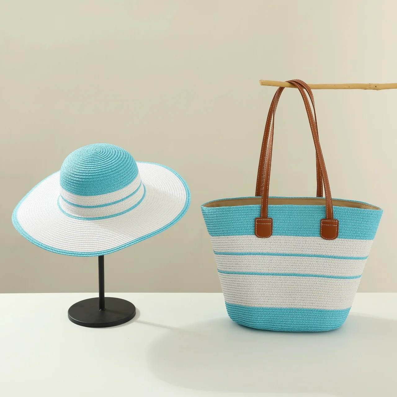 

Blue straw hat bag set 2025 new summer sun hat travel beach straw hat outdoor sun hat sombrero para sol mujer