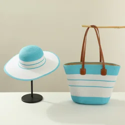 Blue straw hat bag set 2025 new summer sun hat travel beach straw hat outdoor sun hat sombrero para sol mujer