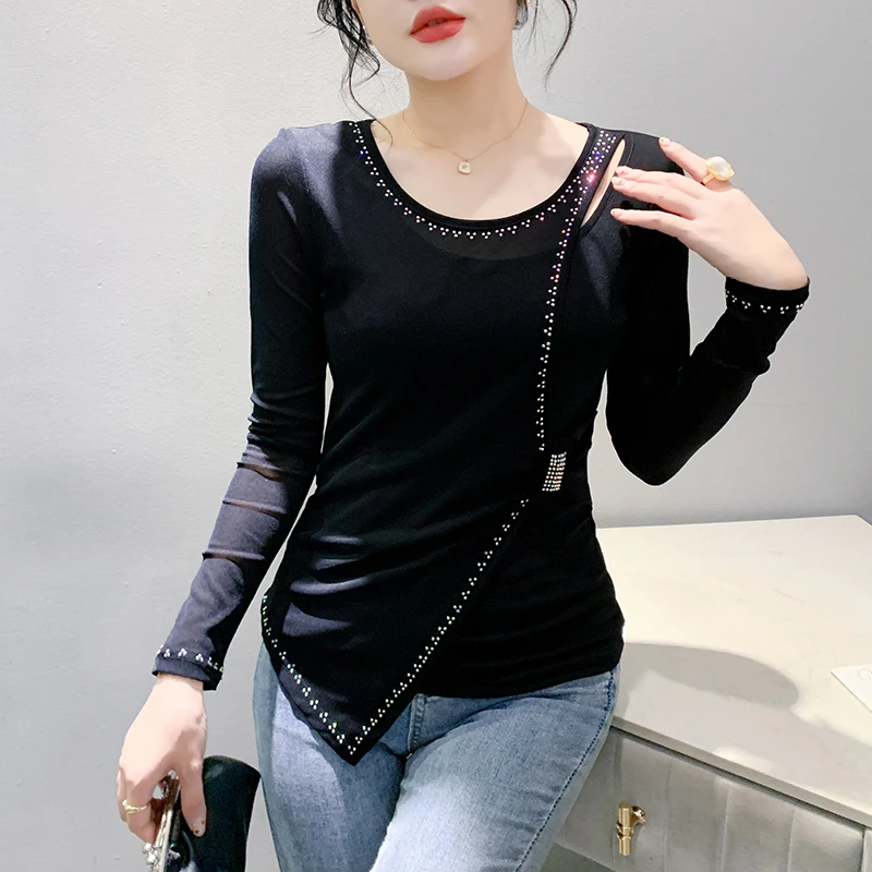 2024 Autumn Women T Shirt New Fashion Round Neck Slim Mesh Tops Long Sleeve Cross Hollow hot Diamond Casual Tees