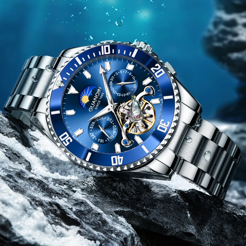 GUANQIN Роскошные механические часы для мужчин с автоподзаводом и турбийоном, вращающийся безель, неделя, дата, бизнес-досуг, 30 м, водонепроницаемые