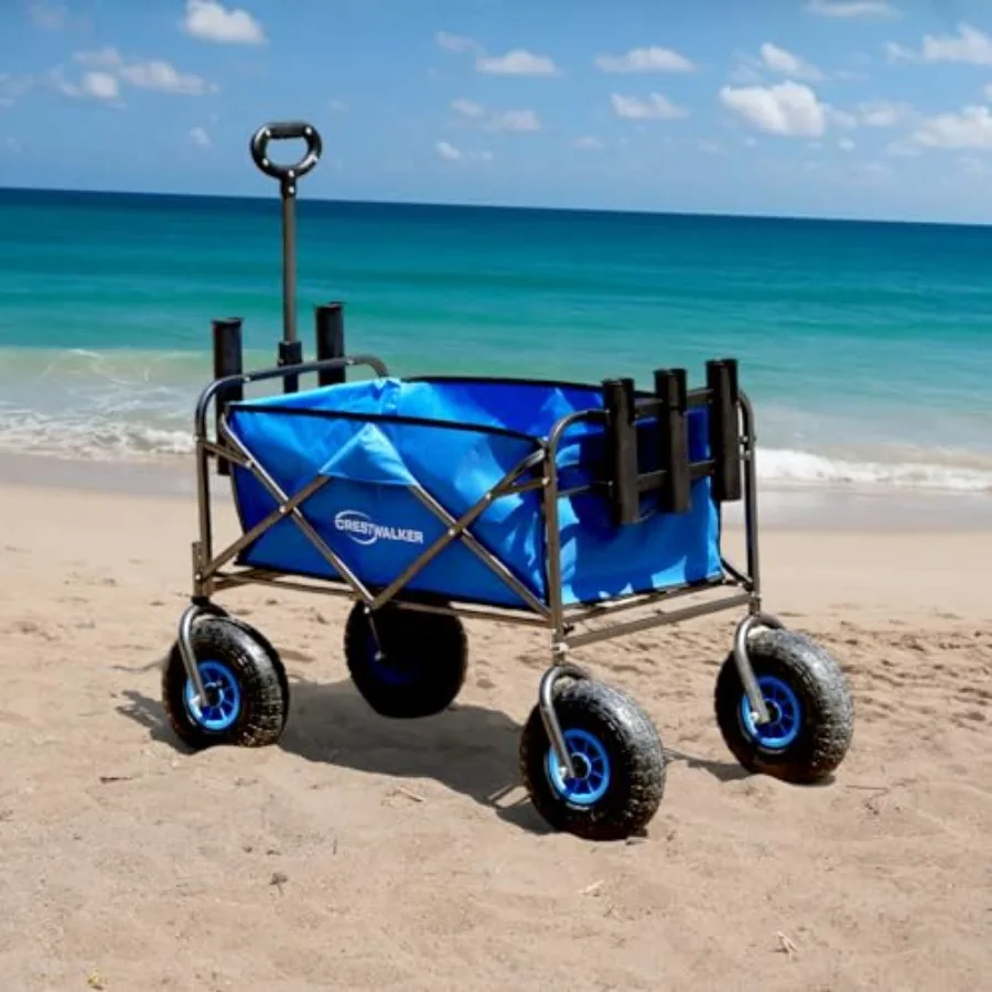 Beach fishing cart for sand and all-terrain use, durable steel frame, black finish, foldable design with 10-inch rubber tires a