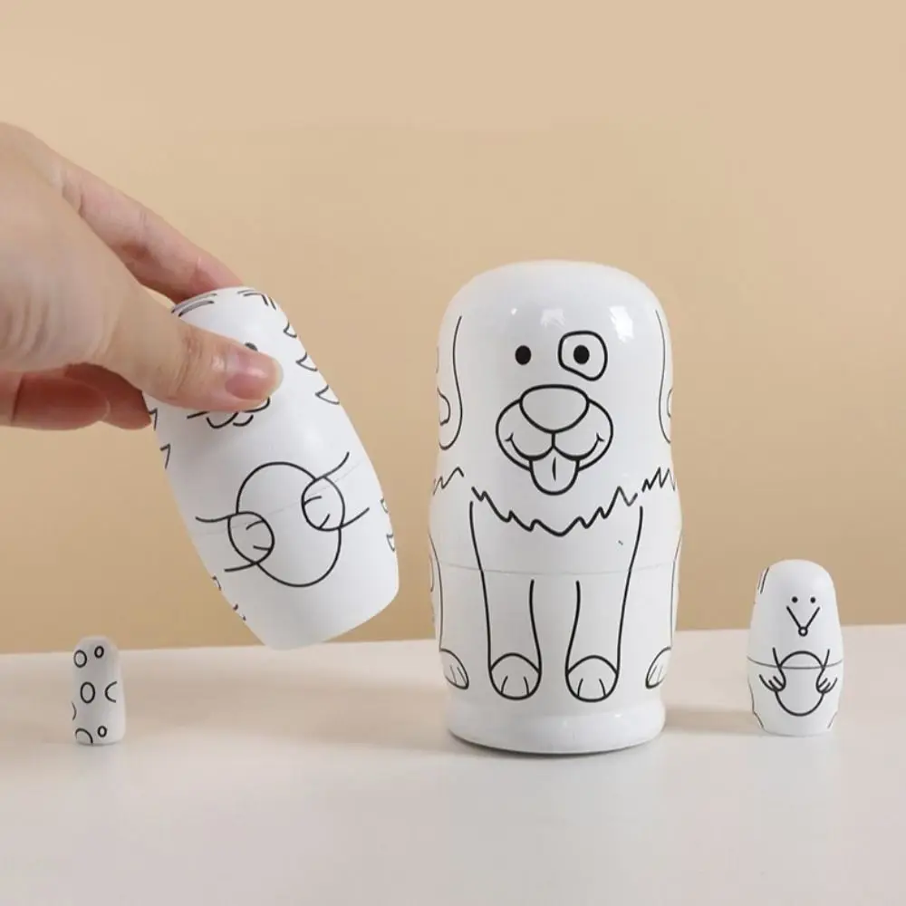 Handicrafts 5Pcs/Set Animal Matryoshka Wood Smooth Girls Russian Panda Craft Puppy Nesting