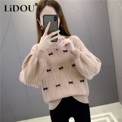 Autumn Winter New Solid Color Fashion Long Sleeve Sweater Women High Street Casual Loose Bow Jacquard Weave All-match Chic Tops