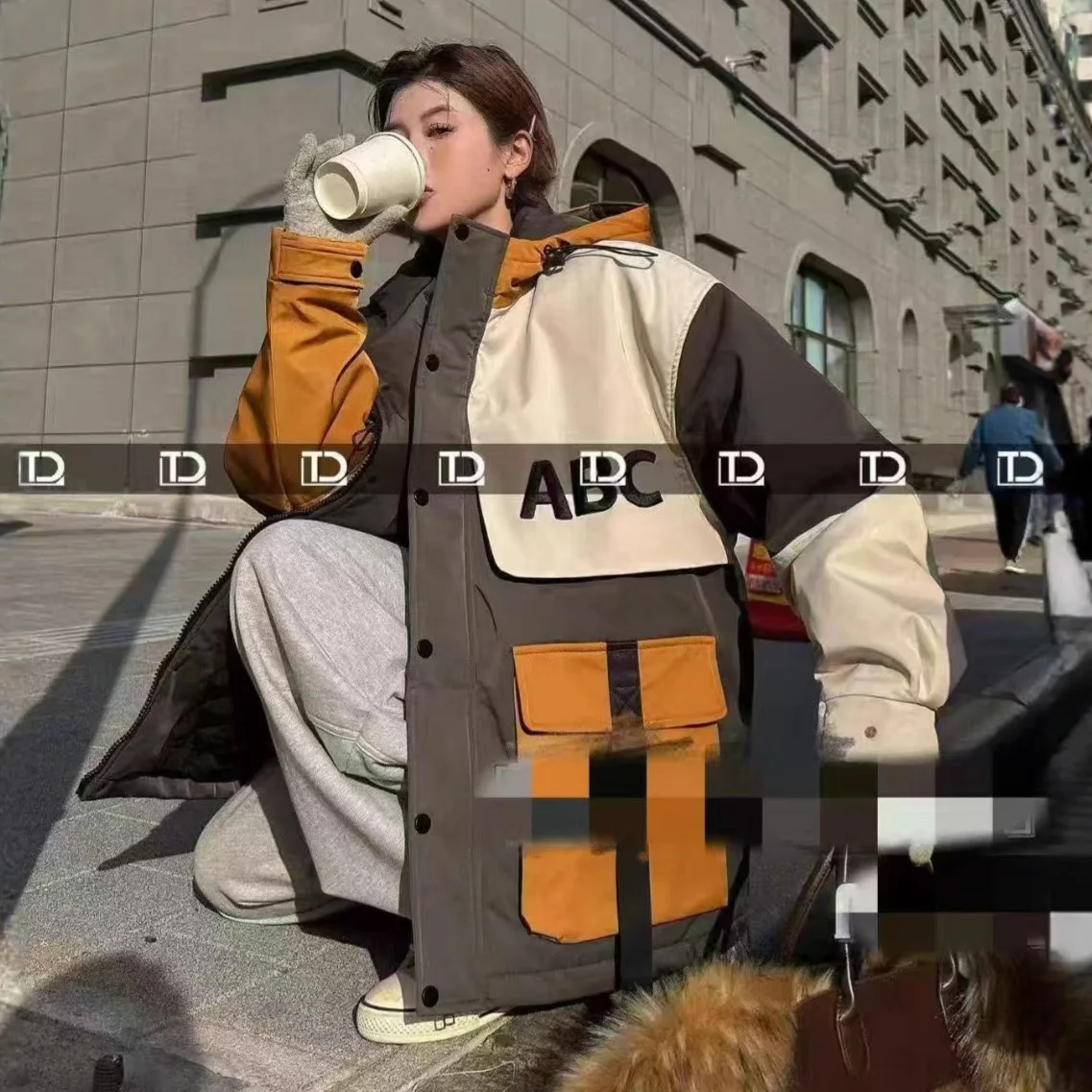 Winter couple down jacket men and women with the same hooded letter jacquard big thick loose coat
