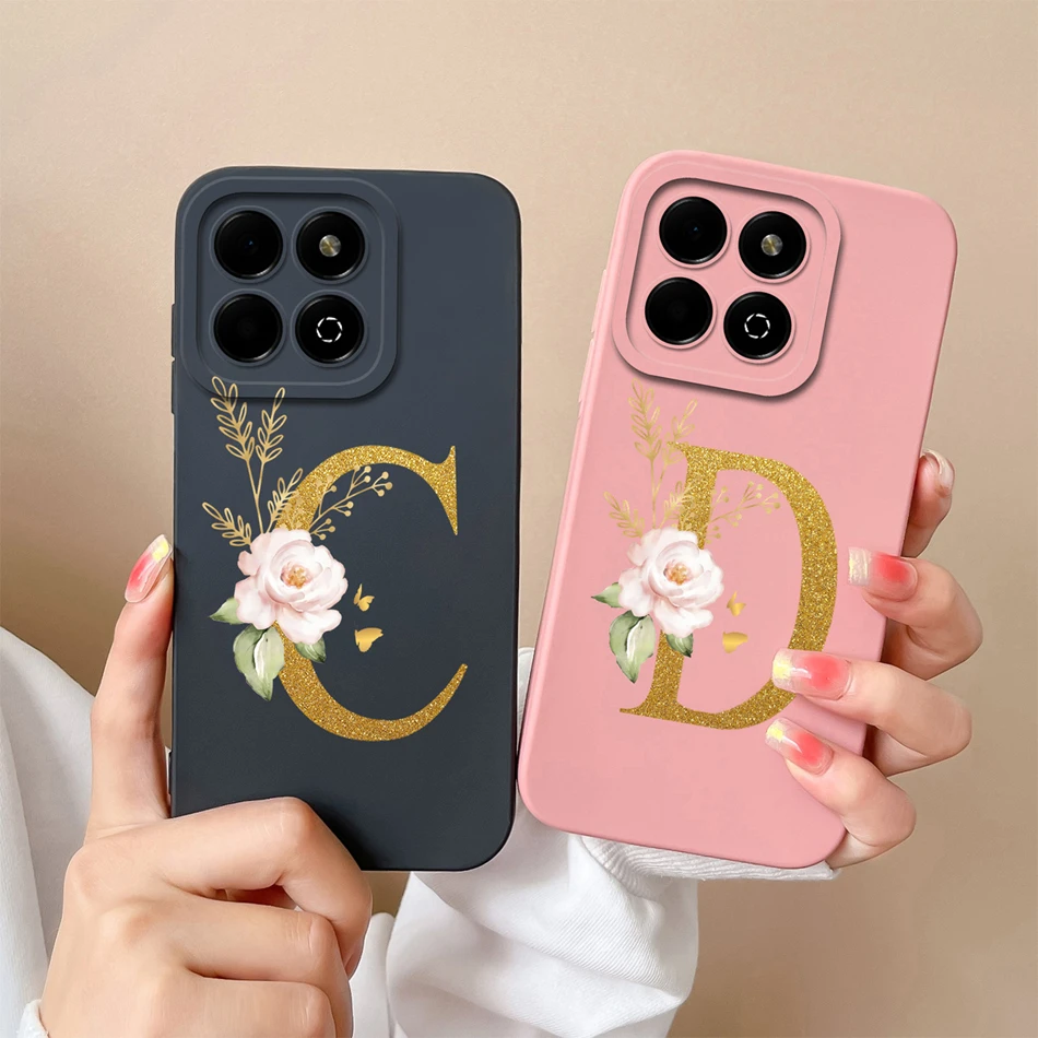 Simple Case For Honor X6B Rose Letter Soft Liquid Silicone Lens Protective Black Cover Model JDY-LX1 LX2 Shockproof Bumper Funda