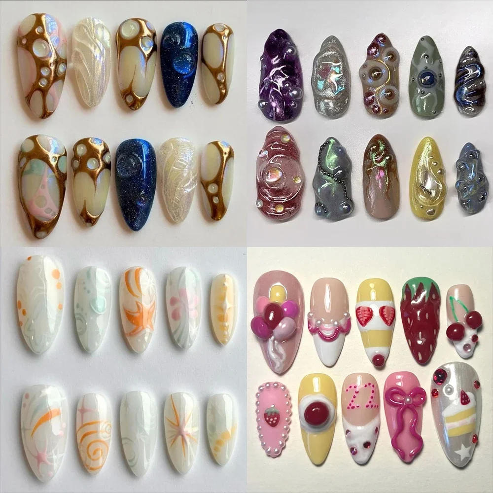 

10Pcs Handwork Full Cover Nail Art 3D Flowers Almond Smudge Gel Y2K Fake Nails Color Gradient Summer Customizable Nail Girl Gift