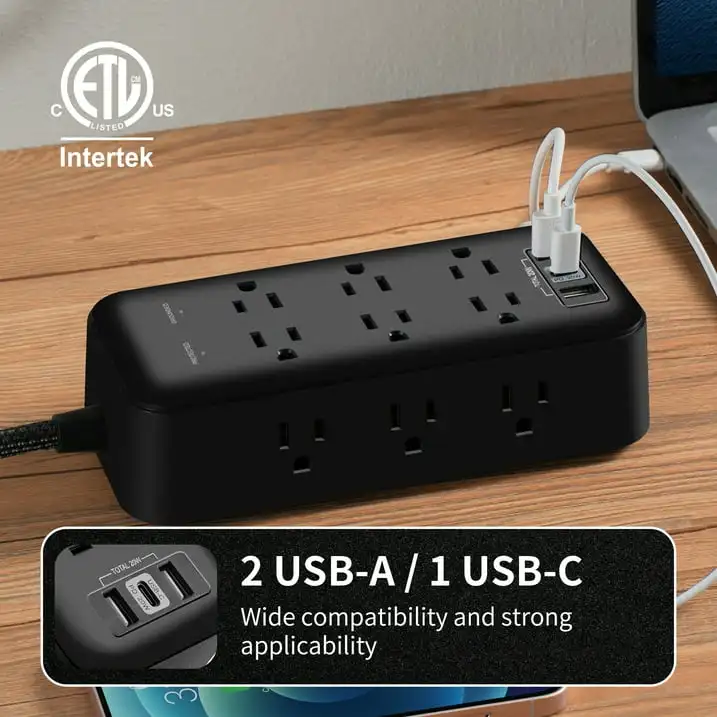 Hyper Tough 12 Space Saving Outlet with 3-USB 2A+1C Fast Charger Surge Protector 2440J