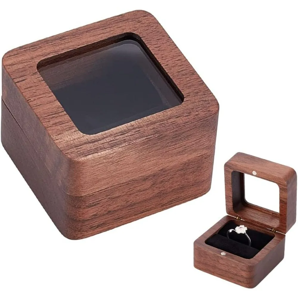 Square Wooden Ring Box with Window Walnut Vintage Jewelry Storage Box Coconut Brown Wedding Ring Bearer Box for Proposal