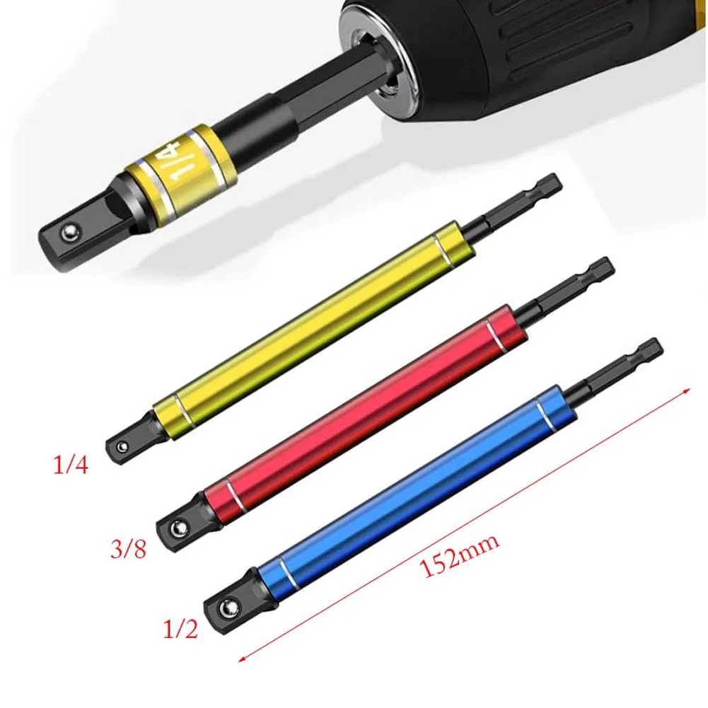 Socket Extension Adapter 152mm Metal Hex Shank Extended Converter For For Impact Driver Power Drill 1/4 3/8 1/2 Inch Black Tool