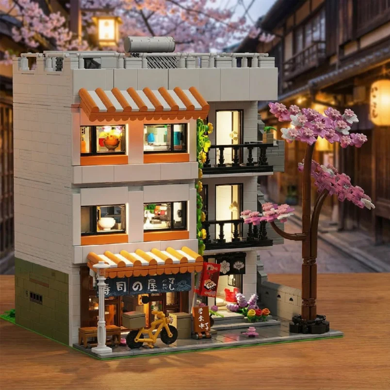 3911PCS Sushi Shop Apartment Building Blocks Set Japanese Street View House Cherry Blossom Architecture Modular Model Kit with 5 Figuren and LED Lighting DIY Assembly Bricks Toys for Adults Gift Desktop Ornament Collection Display Home Decortion