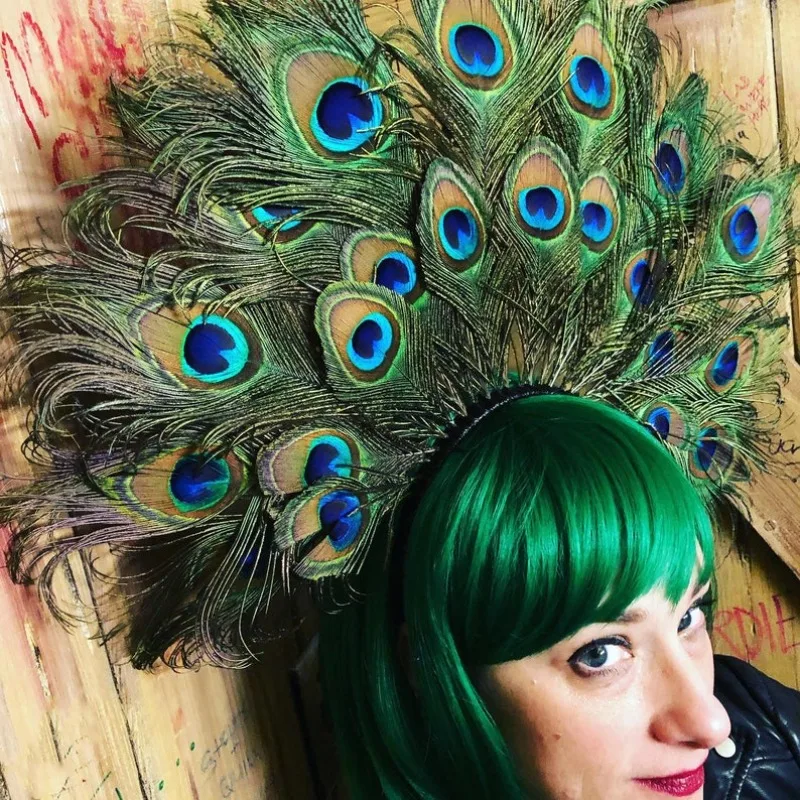Burning Man Peacock Feather Crown Art Deco Glitter Showgirl Headdress 1930's Vintage Burlesque Headpiece Mardi Gras Disco
