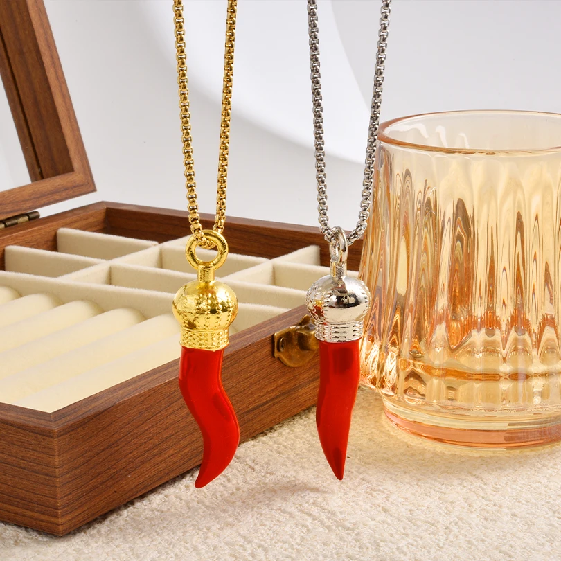 1Pc Hip Hop Men Chunky Cornicello Red Pepper Aesthetic Collares DIY Gothic Lucky Horn Italian Chilli Pendant Necklaces Jewelry