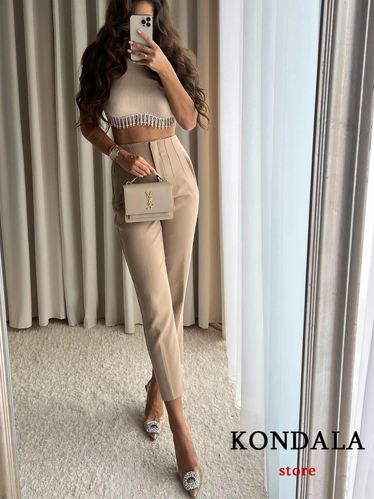 TRAFZA Women Light Blue Chic Fashion Office Wear Straight Pants Vintage High Waist Zipper Fly Female Trousers Fashion 2022