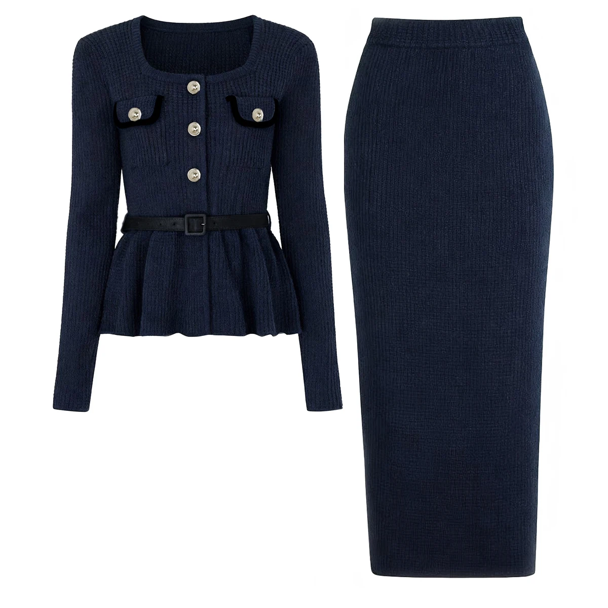 Hohe Qualität Herbst Und Winter Neue Mode Elastische Gestrickte Square Neck Schlank Bund Strickjacke + halbe Rock frauen Set