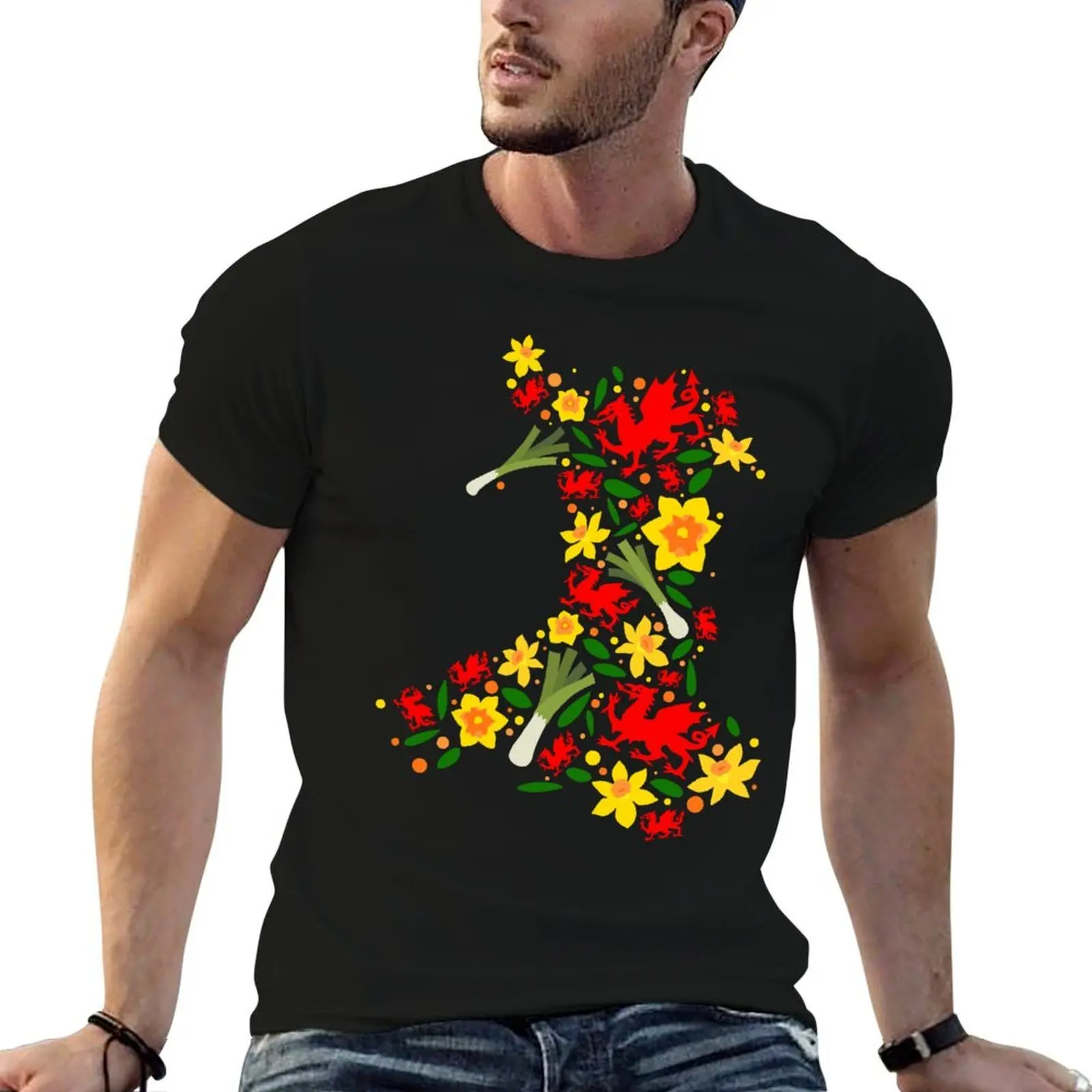 

Wales Map Welsh Dragon Daffodils Leeks Cymru St Davids Day T-Shirt t shirts for man slim fit t shirts for man pack white T-Shirt