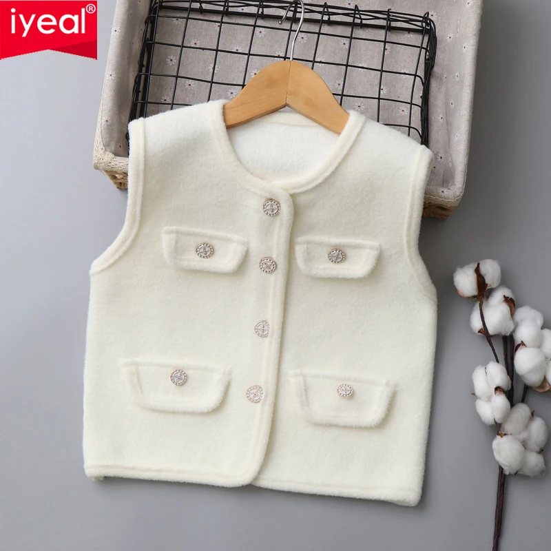 IYEAL Baby Girls Fuzzy Sleeveless Vest Elegant  Waistcoat Rhinestone Button Decor Kids Warm Outerwear with Pockets