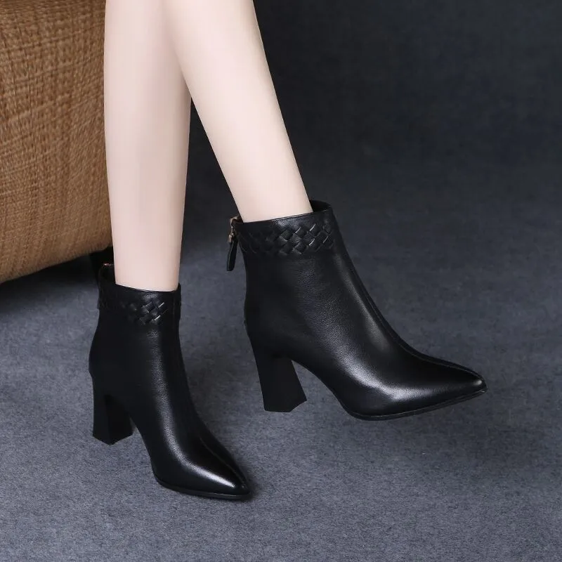 Vintage Pointed Toe High Heels Ankle Boots for Women Brown Pu Leather Zipper Short Boots Woman Autumn Thick Heel Booties