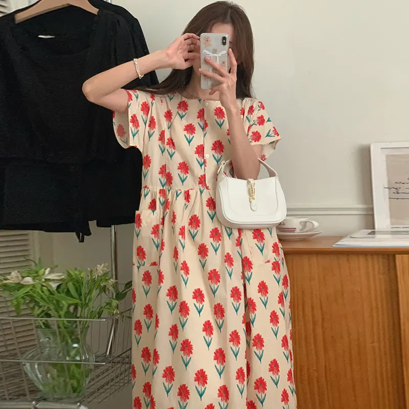 Vestido Midi Coreano de Verão com Estampa Floral Chique, Solto e Casual, com Design de Bolso e Manga Voadora, Cintura Alta, p...