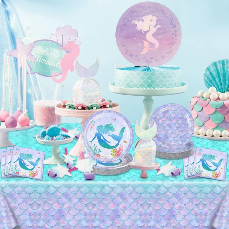Mermaid Tablecloth -Mermaid Birthday Decorations for Party Girls Baby Shower Themed Birthday Party Favors view 3