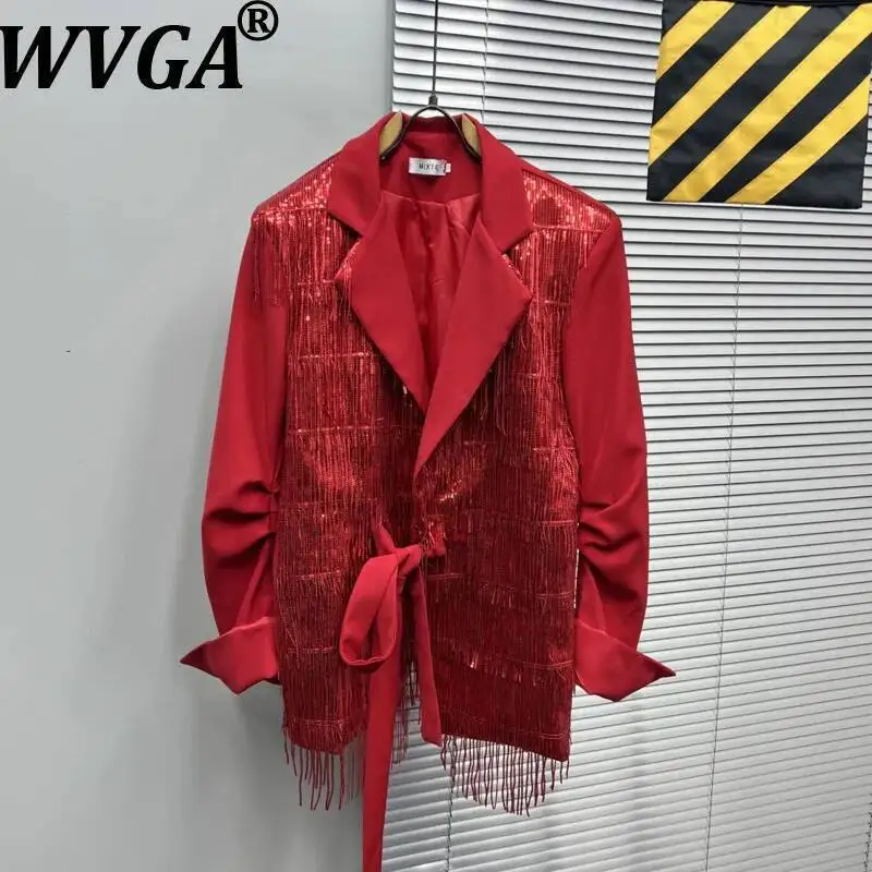 

WVGA Spring Autumn New Man Sequined Fringed Turn-Down Collar Blazer Niche Chic Casual Luxurious High-end Lace-up Coat Ins W23152