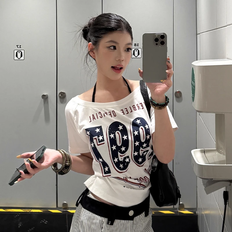 Mode T-shirt Schräge Schulter Unregelmäßige Retro Tops Sexy Off-Schulter Kurzarm T-Shirt Sommer Grundlegende Tees Für Frauen