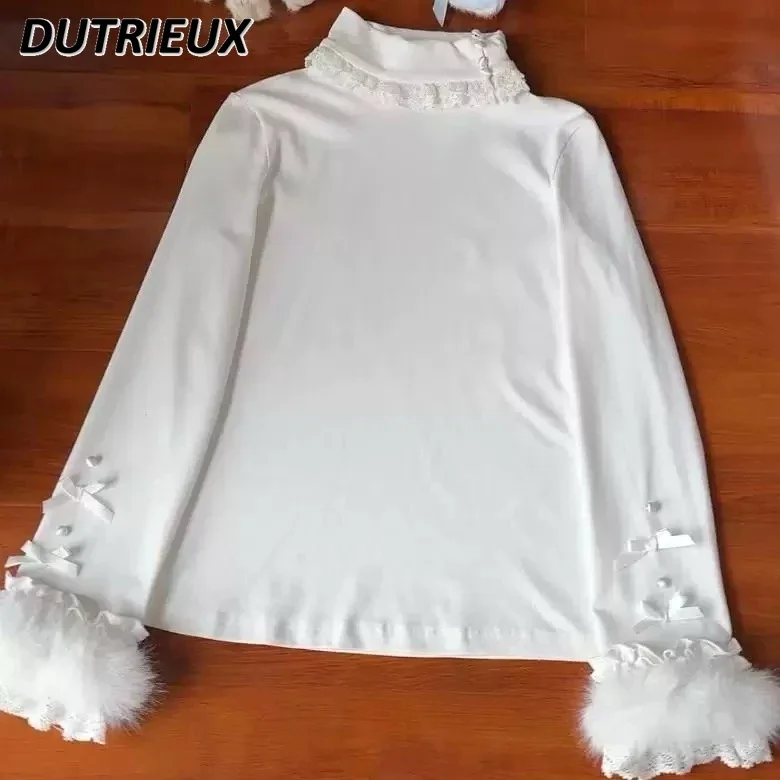 

Fleece/regular Turtleneck Plush Bottom T-shirt Autumn and Winter Lolita Sweet Girl Versatile Bow Long-sleeved Inner Tops
